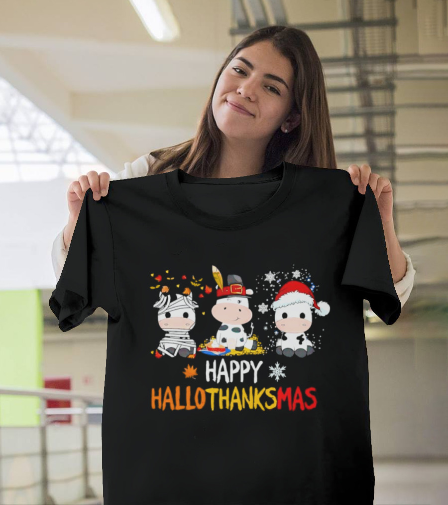 Happy HalloThanksMas Cute Cow Trio In Halloween Thanksgiving Christmas Outfits T-Shirt
