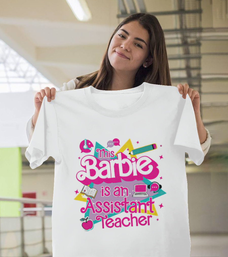 This Barbie Is An Assistant Teacher With Headphones Pencil Book Laptop Apple T-Shirt