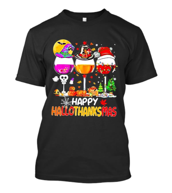 Happy Hallothanksmas Wine Halloween Thanksgiving Christmas T-Shirt