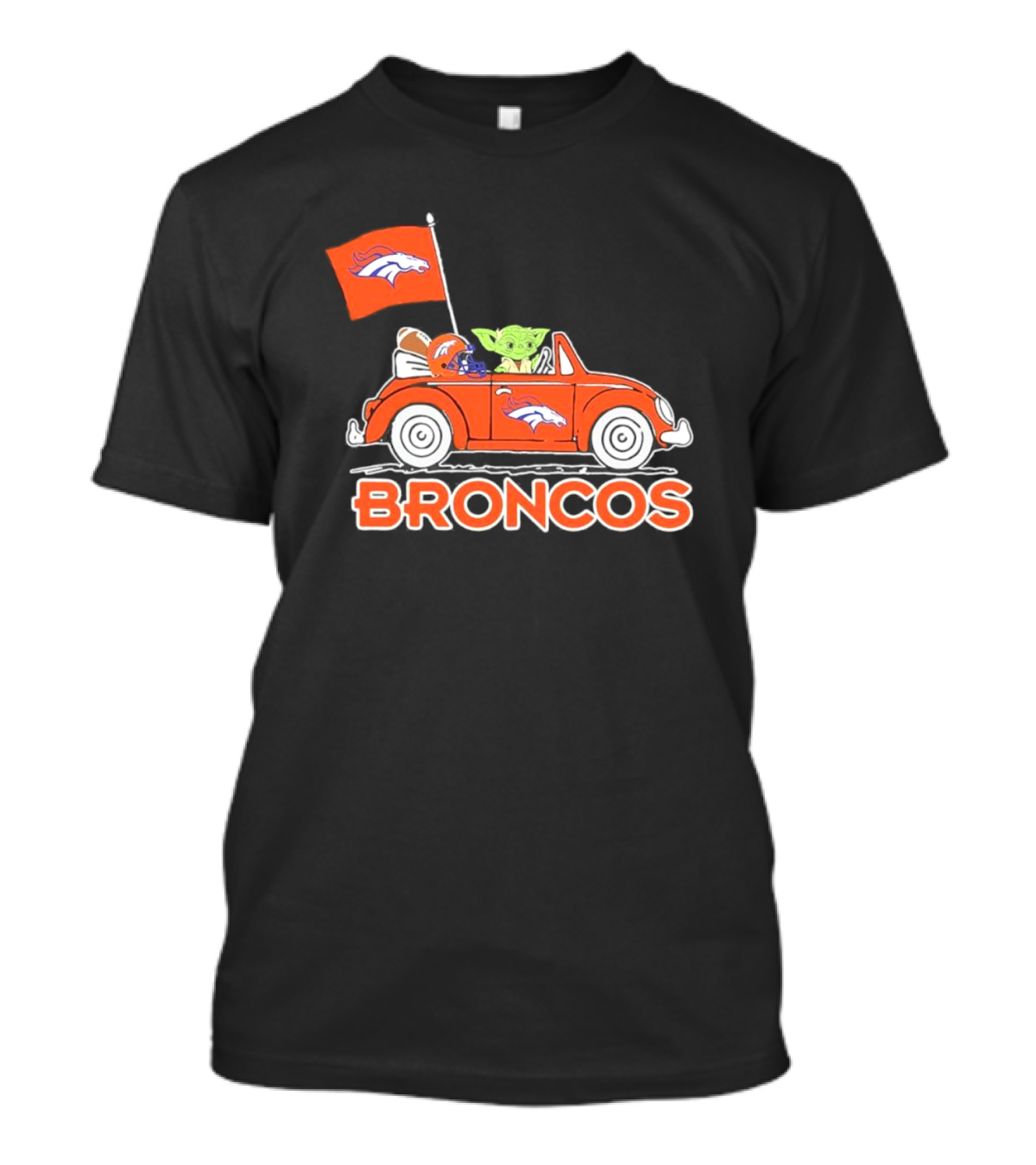 Yoda With Helmet In Denver Broncos Car With Flag T-Shirt