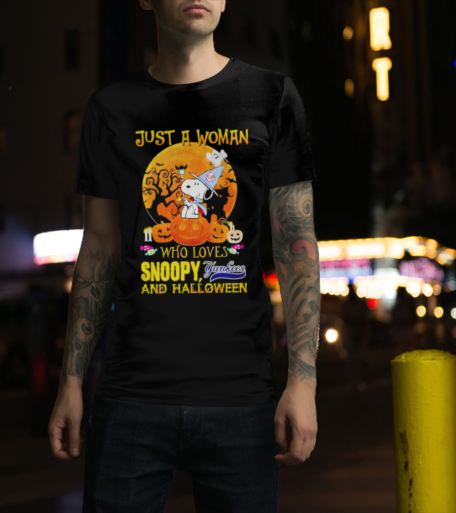 Just A Woman Who Loves Snoopy Yankees And Halloween T-Shirt