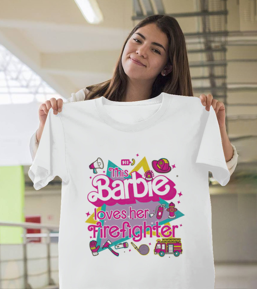 This Barbie Loves Her Firefighter with Firefighting Icons and Bright Colors T-Shirt