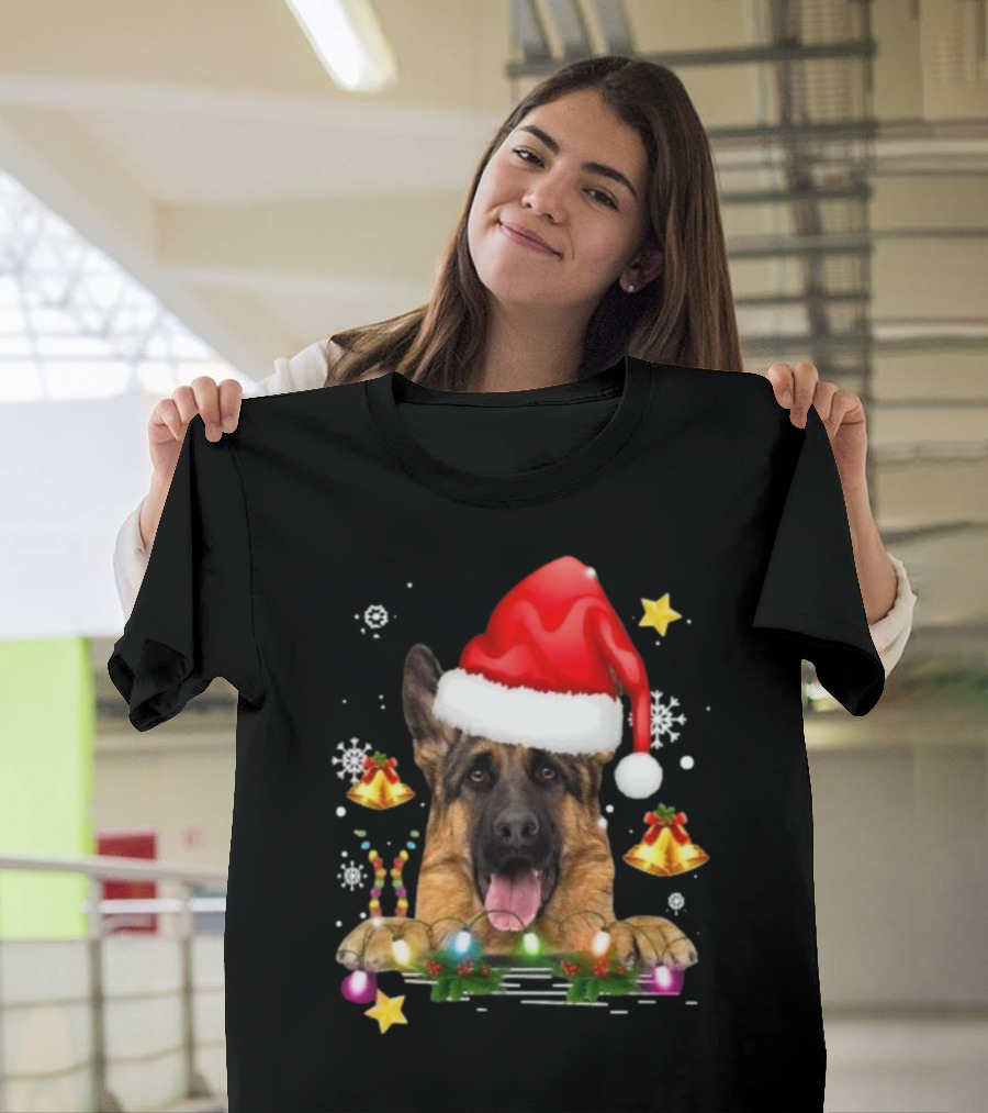 Happy Merry Christmas Lights German Shepherd Dog Festive Santa Hat T-Shirt