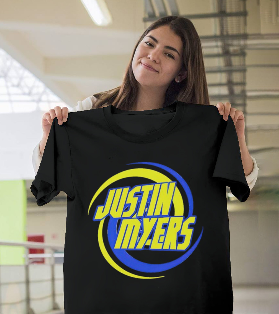 JUSTIN MYERS Blue Yellow Spiral Circle Text T-Shirt