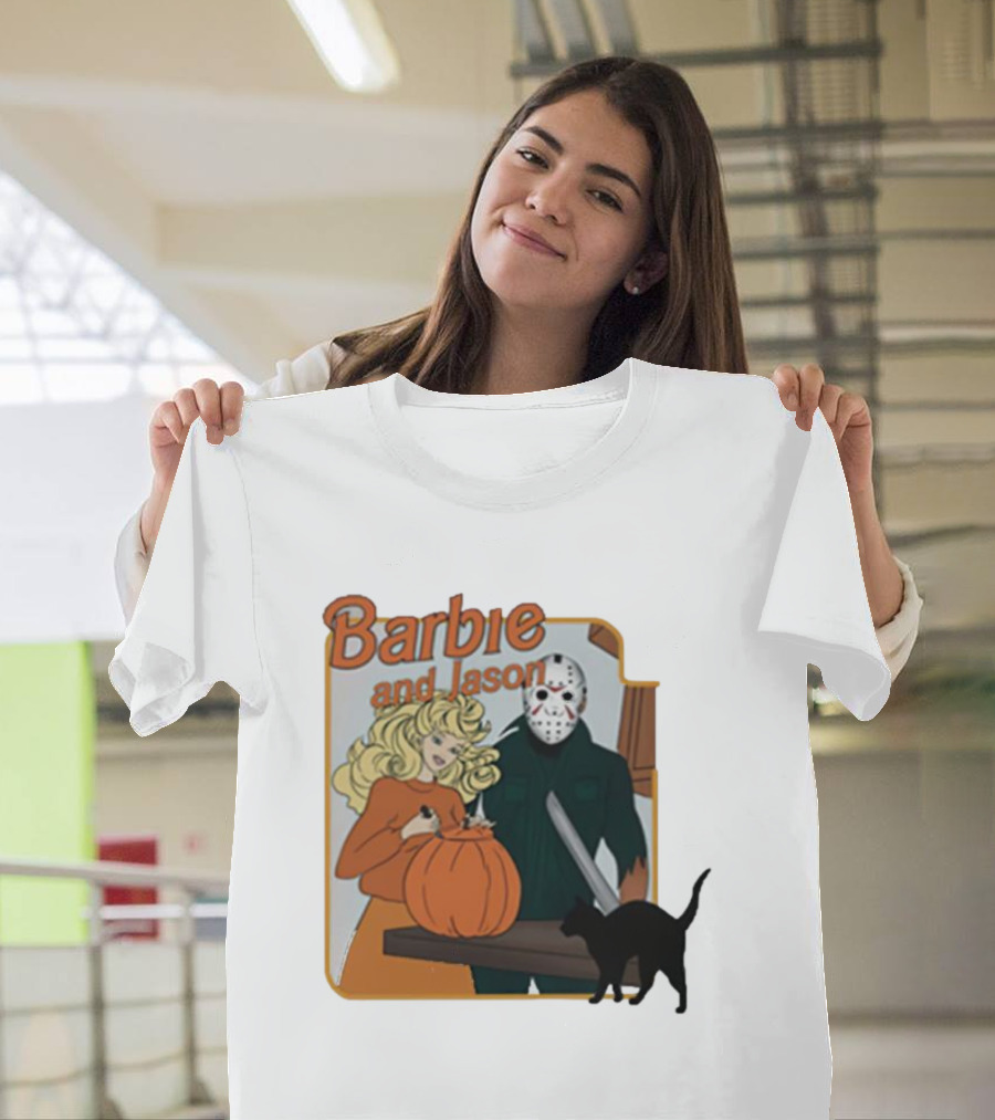 Barbie And Jason Halloween Pumpkin Carving With Black Cat T-Shirt