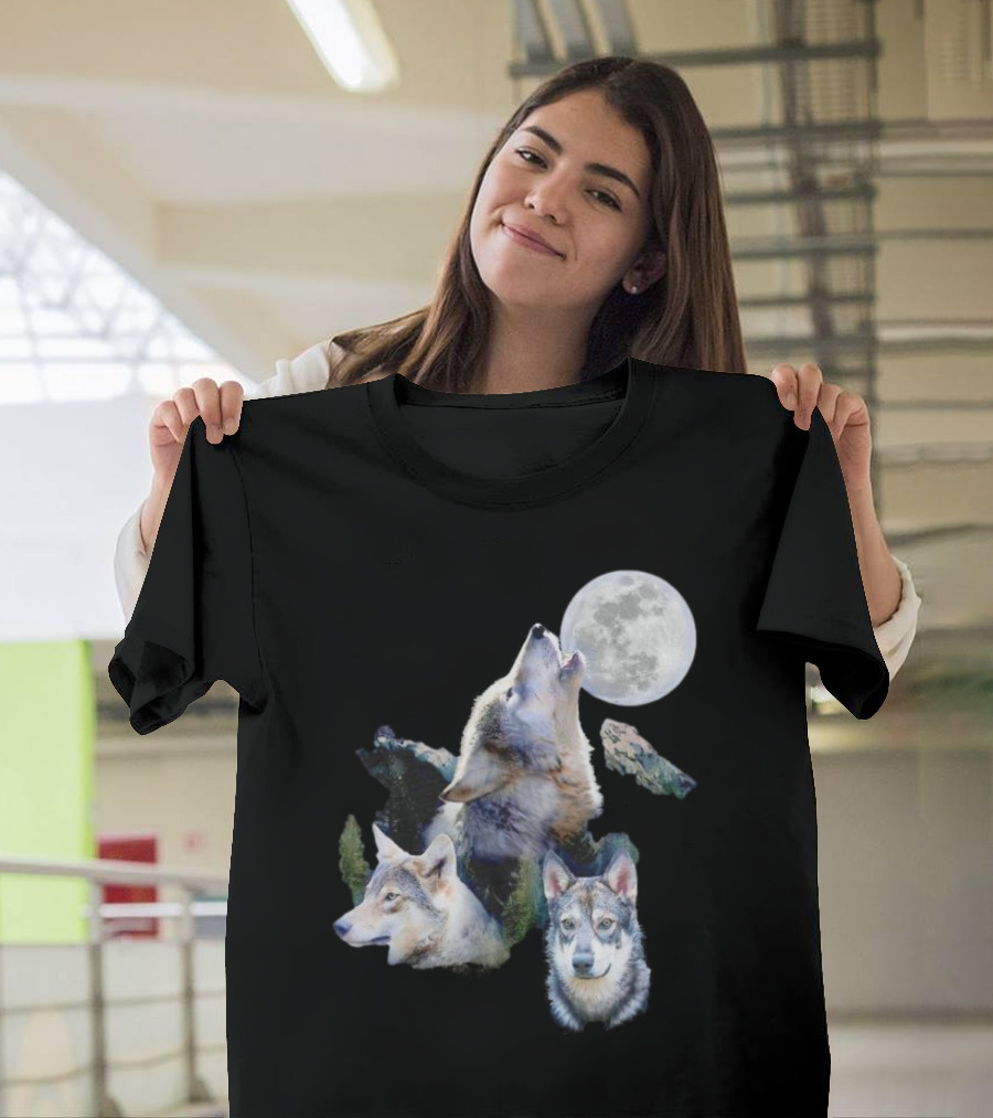 Gas Station Wolf Howling at Full Moon Trio T-Shirt