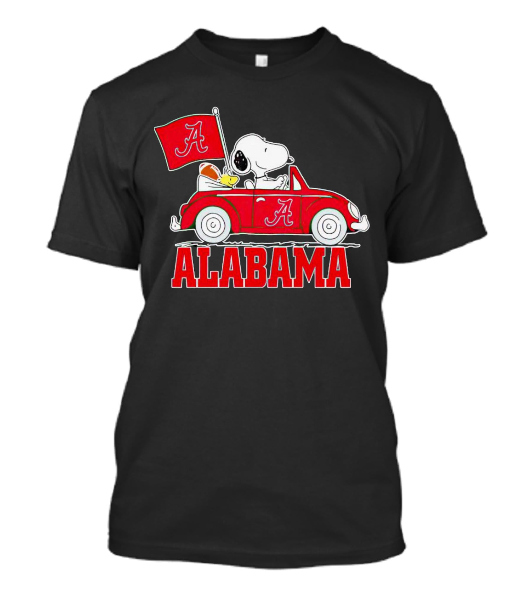 Snoopy And Woodstock Driving Red Car Alabama Crimson Tide Flag T-Shirt