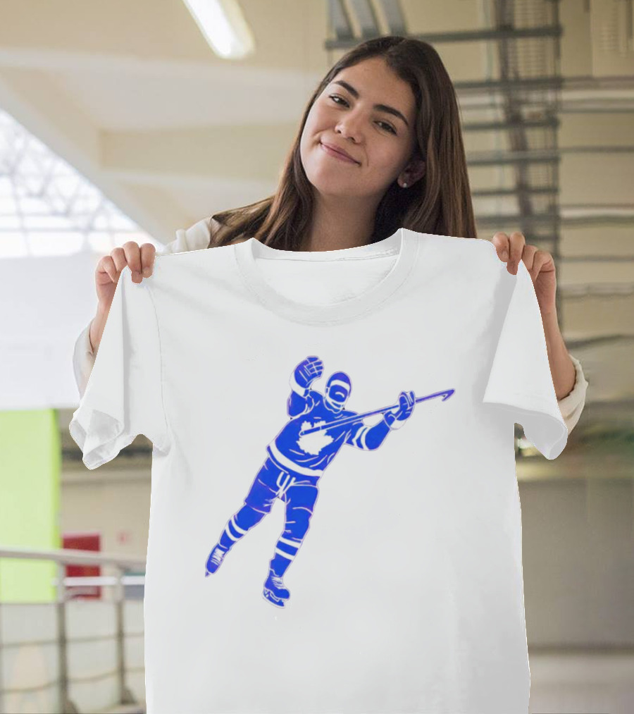 Auston Matthews Celebratory Pose Toronto Maple Leafs Player In Blue And White Hockey Gear T-Shirt