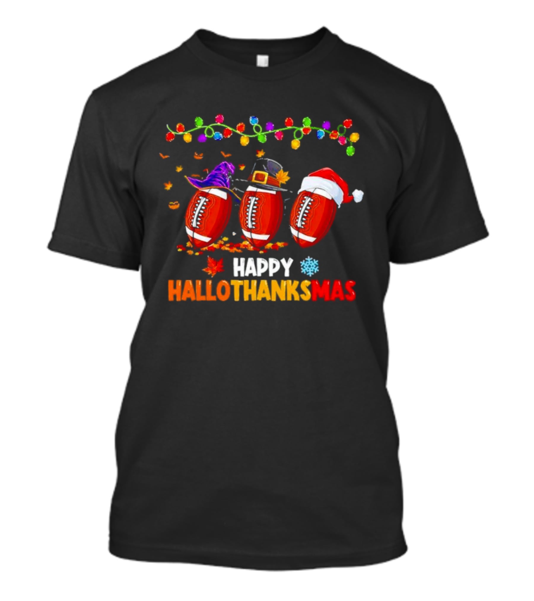 Happy Hallothanksmas Footballs With Halloween Thanksgiving Christmas Elements T-Shirt