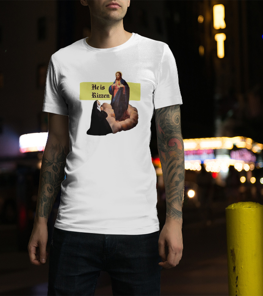 He Is Rizzen Jesus With Nun Praying On Cloud T-Shirt