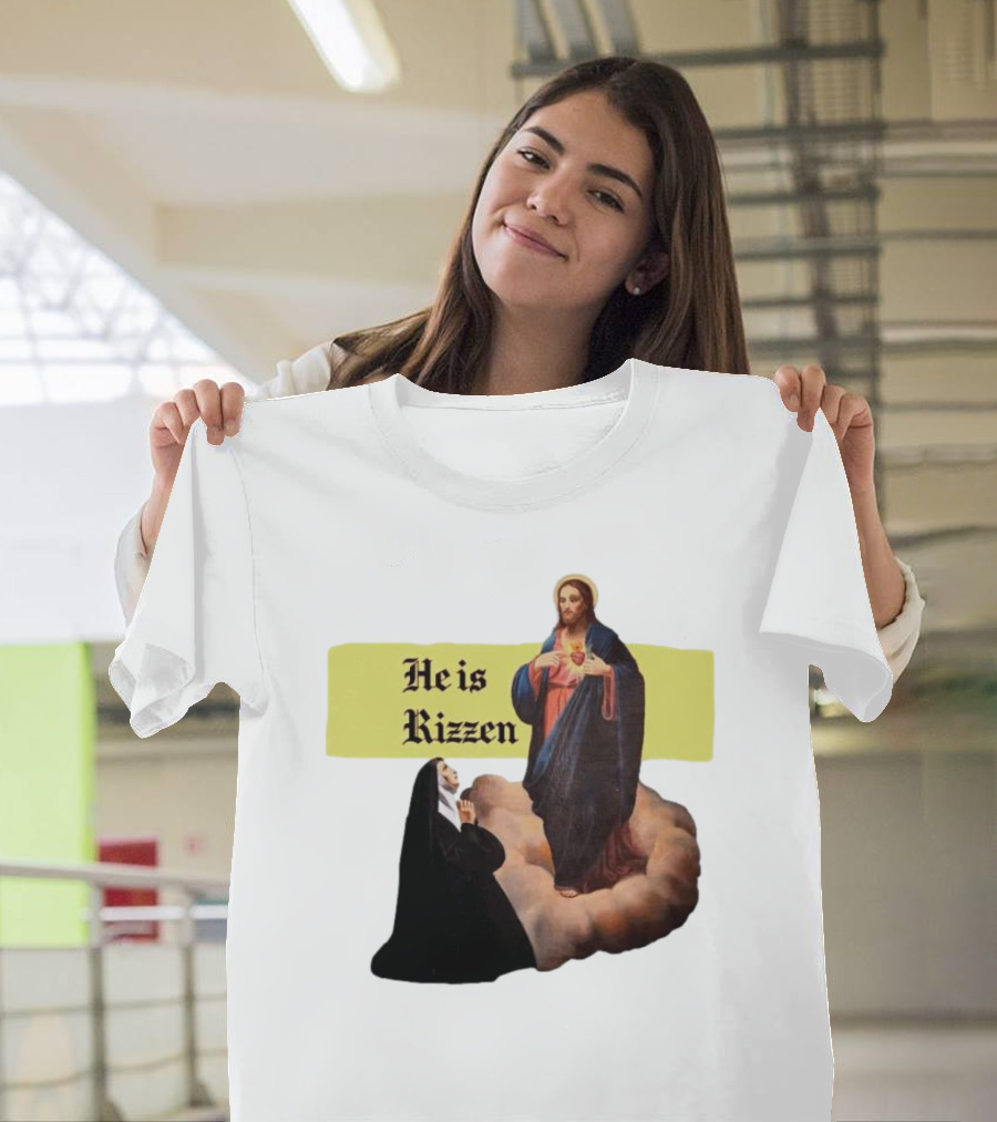He Is Rizzen Jesus With Nun Praying On Cloud T-Shirt