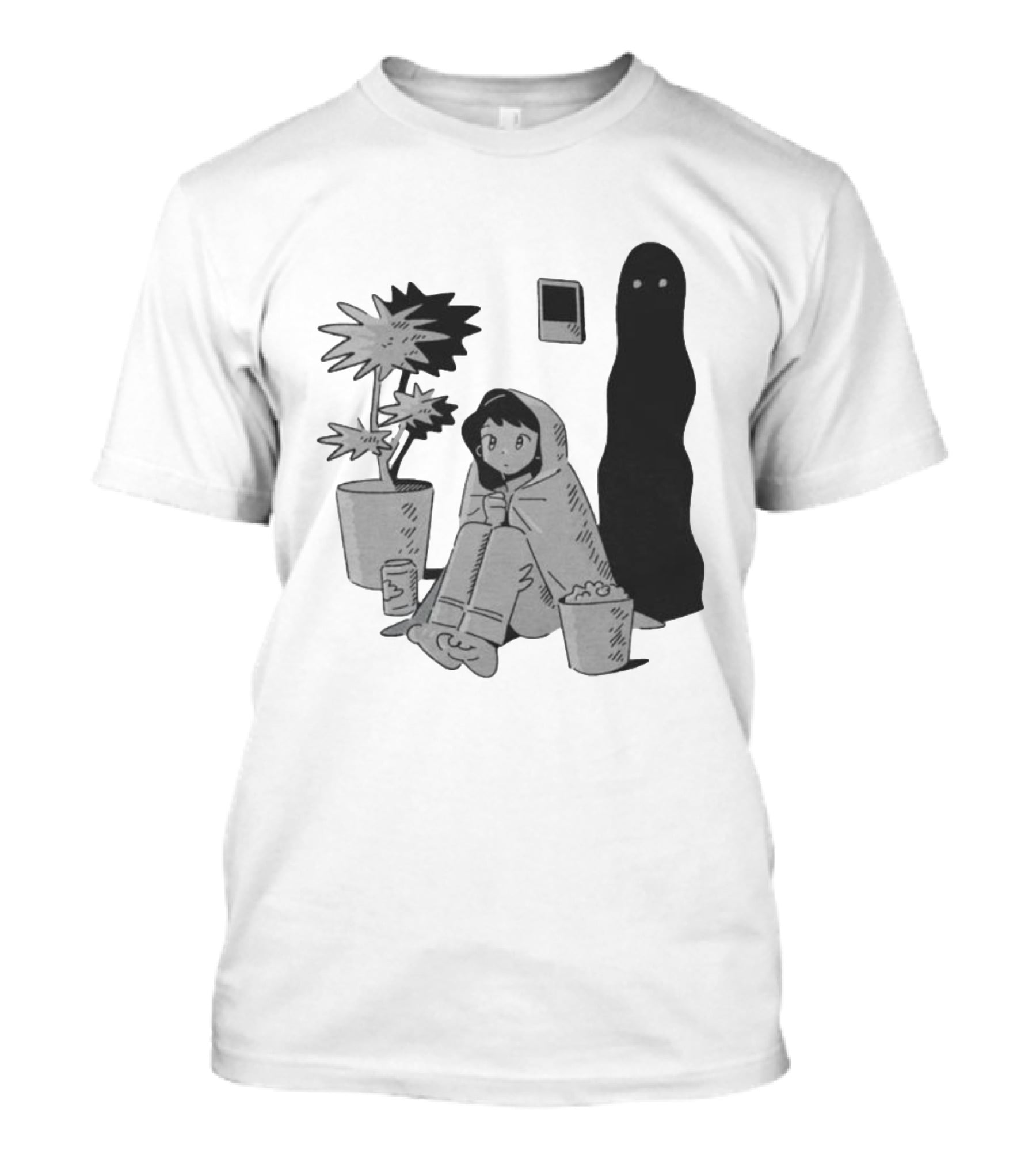 Phantom Cozy: Ghostly Companion And Snuggled Figure With Plant And Snacks T-Shirt