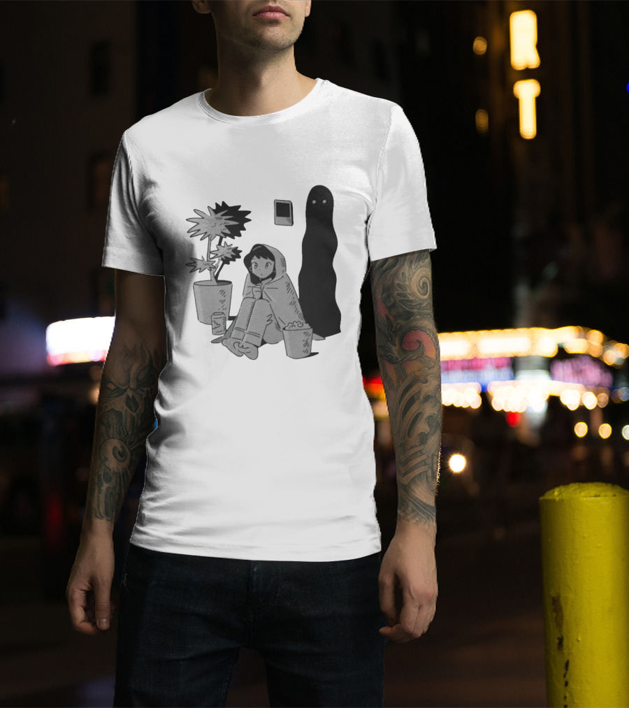 Phantom Cozy: Ghostly Companion And Snuggled Figure With Plant And Snacks T-Shirt