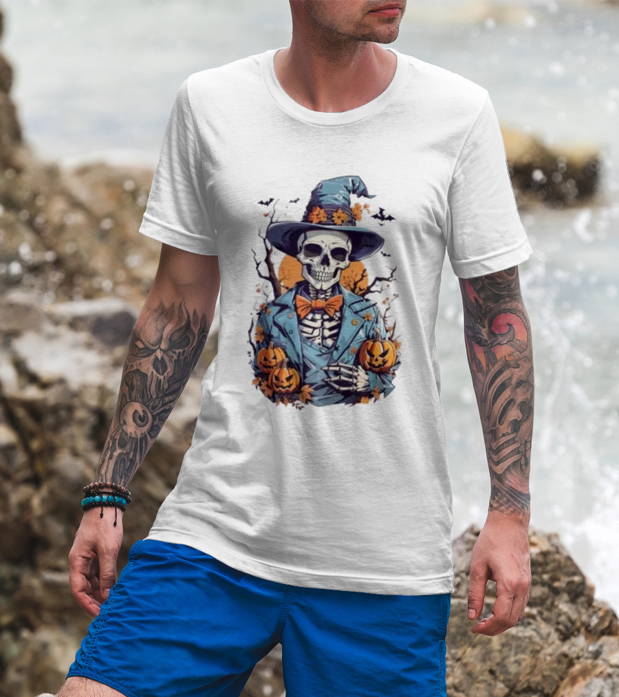 Happy Halloween Skeleton Jack-O'-Lantern Bow Tie Hat T-Shirt
