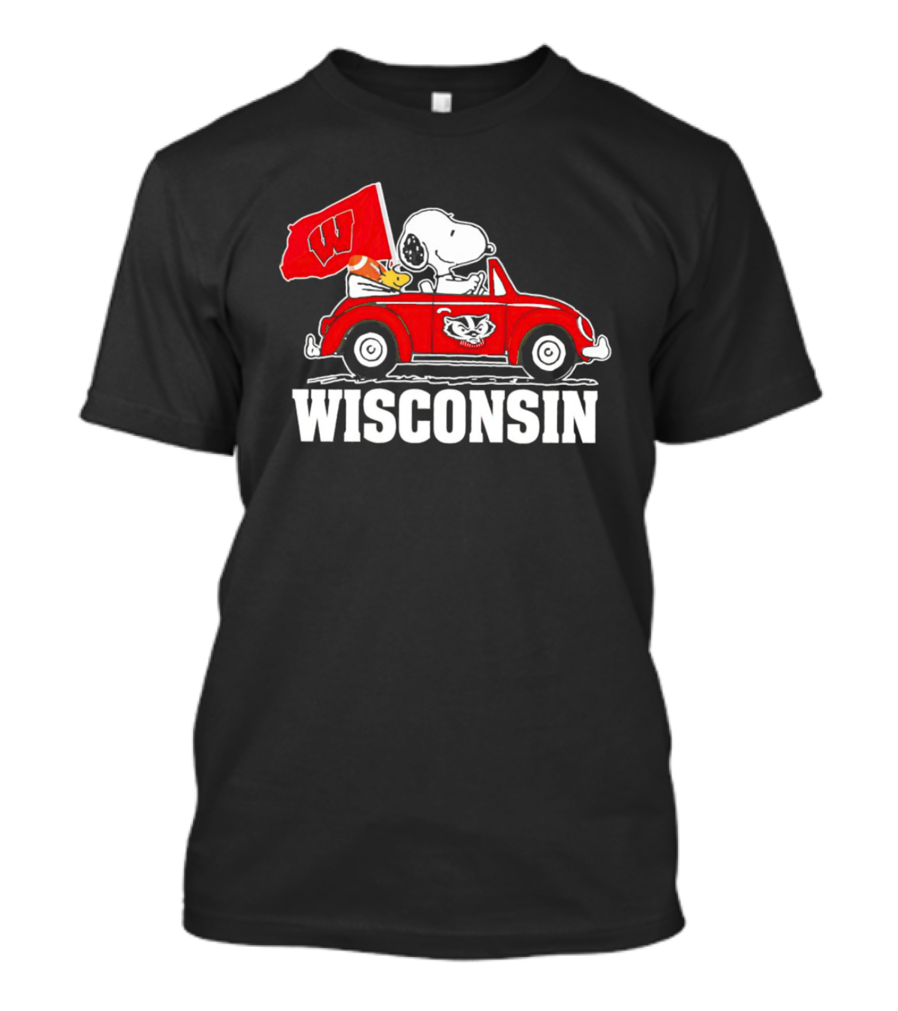Snoopy And Woodstock In Red Car With Wisconsin Flag And Wisconsin Badgers T-Shirt