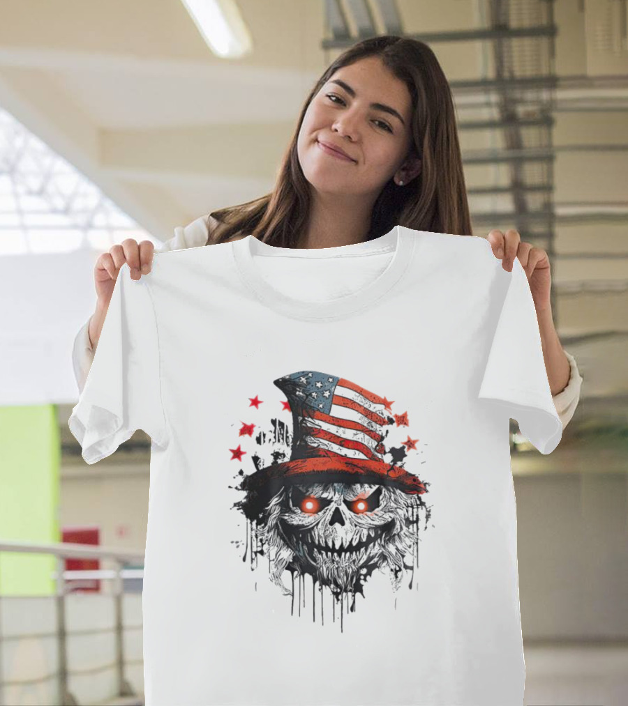 Uncle Sam Skull with American Flag Hat and Red Stars T-Shirt