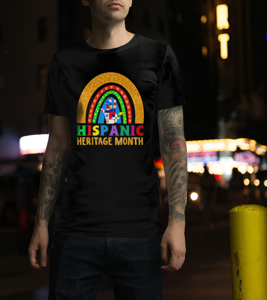 Hispanic Heritage Month Rainbow With Flag Mosaic Hand T-Shirt