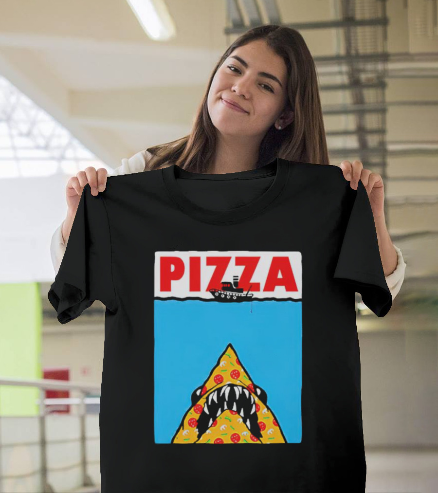 Pizza Slice Jaws Parody with Boat and Ocean T-Shirt