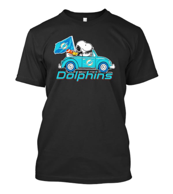 Snoopy And Woodstock Driving Car Miami Dolphins Flag T-Shirt