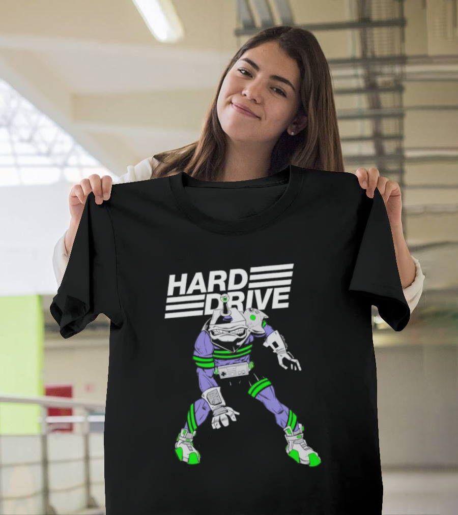HARD DRIVE Futuristic Cyborg with Green and Purple Accents T-Shirt