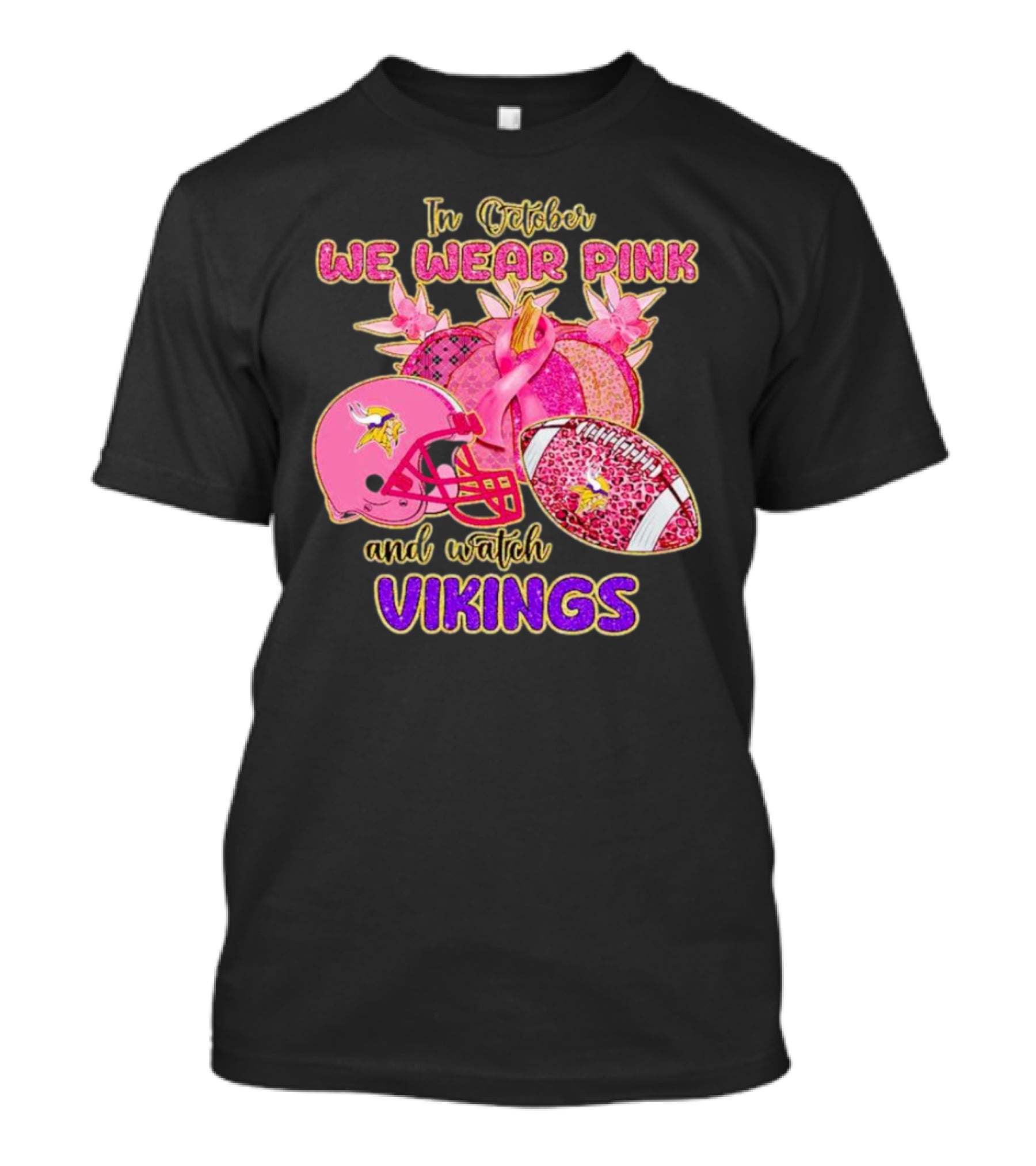 In October We Wear Pink And Watch Vikings Football Helmets Breast Cancer Awareness T-Shirt