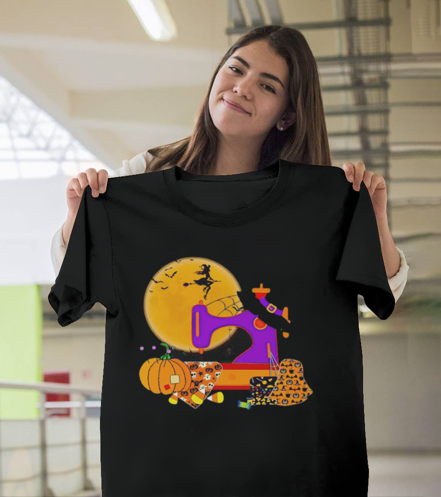 Halloween Witch Flying Over Sewing Machine With Pumpkins And Patchwork T-Shirt