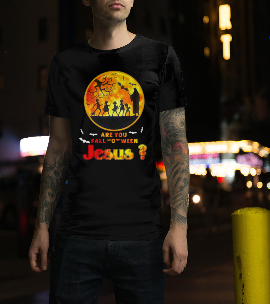 Are You Fall O Ween Jesus Halloween Silhouette With Bats And Tree T-Shirt