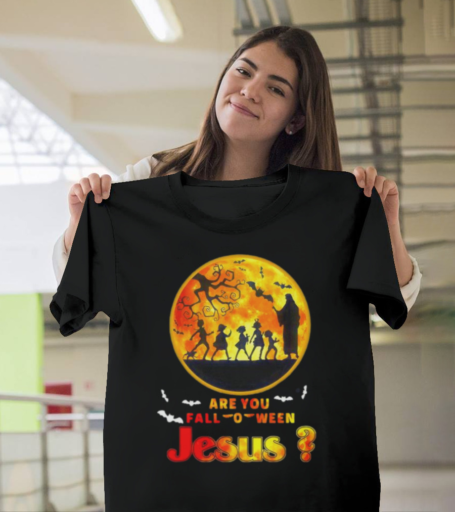 Are You Fall O Ween Jesus Halloween Silhouette with Bats and Tree T-Shirt