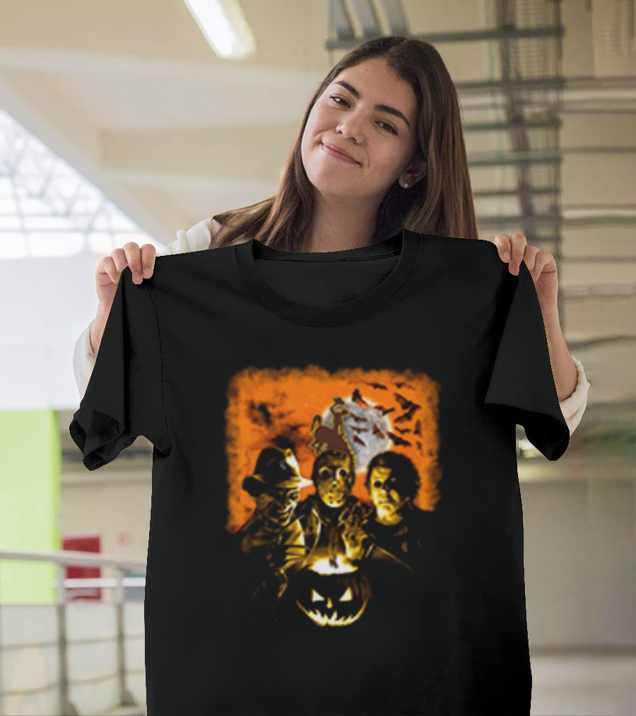 Horror Movies Freddy Krueger Jason Voorhees Michael Myers Halloween Wyoming Cowboys Jack-O'-Lantern Moon Bats T-Shirt
