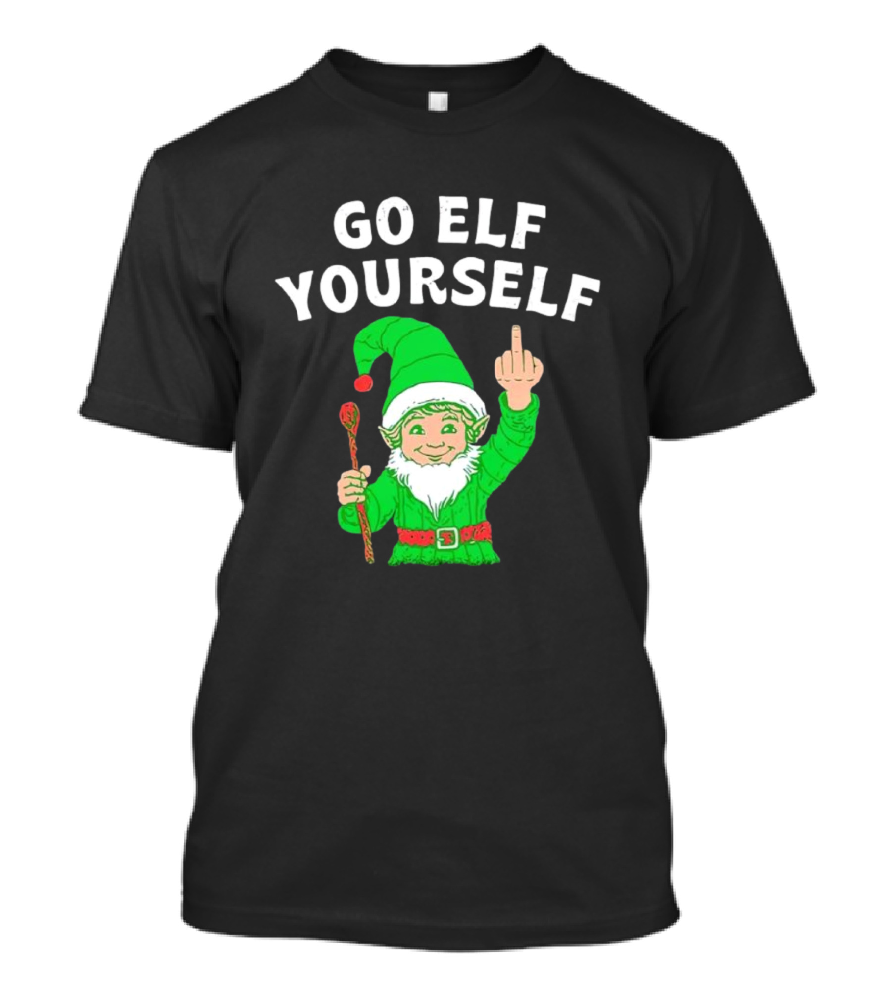 GO ELF YOURSELF Middle Finger Green Elf With Candy Cane T-Shirt