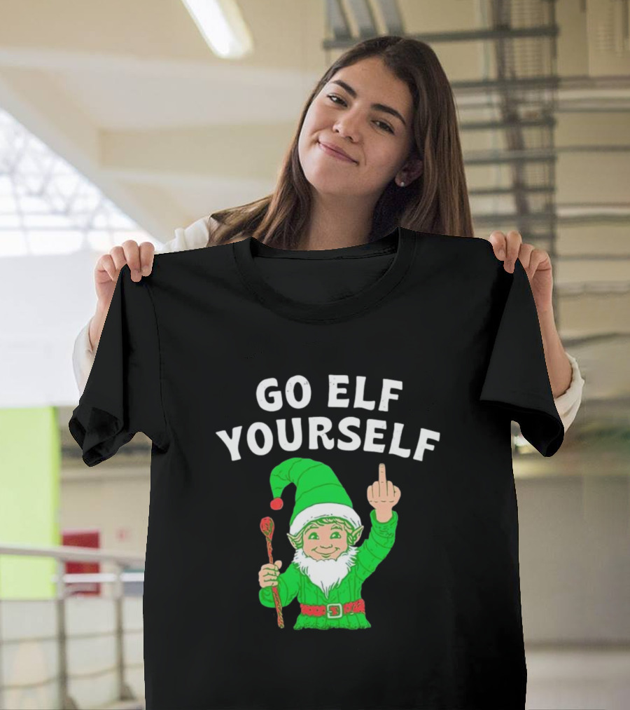 GO ELF YOURSELF Middle Finger Green Elf With Candy Cane T-Shirt