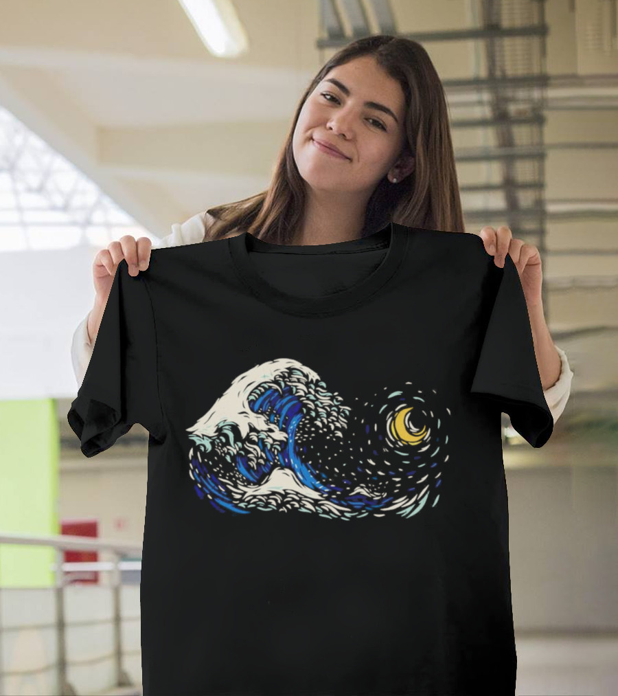 Starry Night Meets Great Wave Fusion T-Shirt