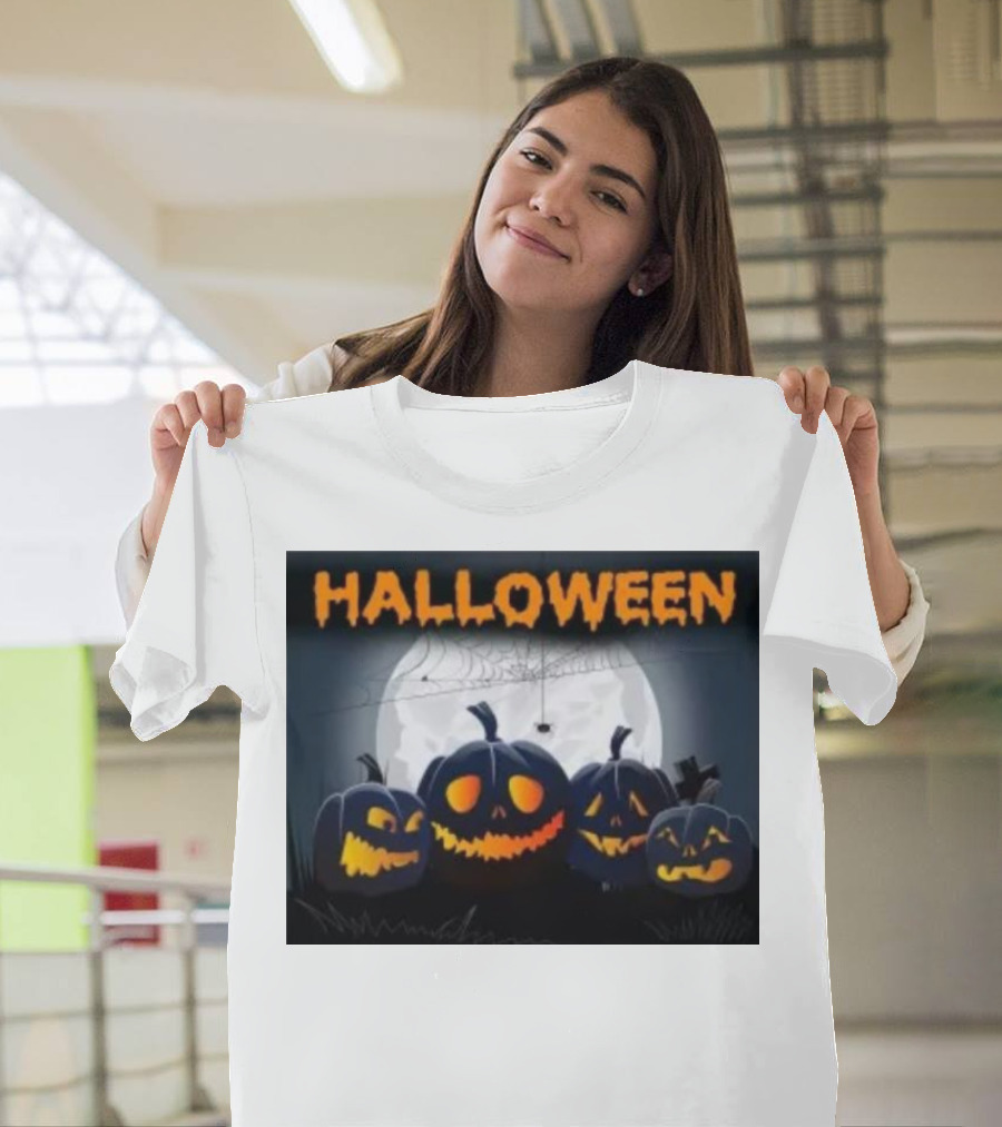 Halloween Horror Pumpkin Picture Moonlit Night Scene T-Shirt