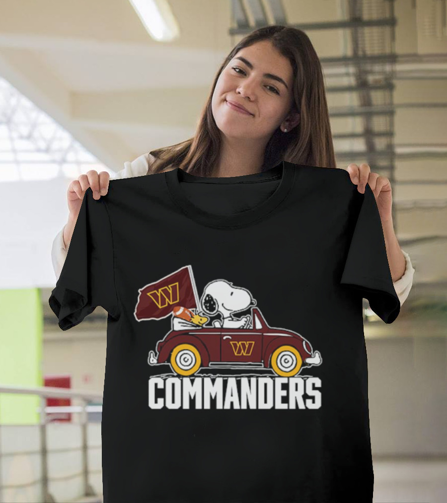 Snoopy and Woodstock Driving Car with Washington Commanders Flag T-Shirt