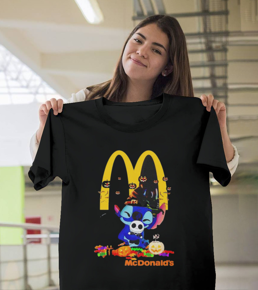Stitch Hugging Jack Skellington with McDonald’s Halloween Pumpkins and Candy T-Shirt