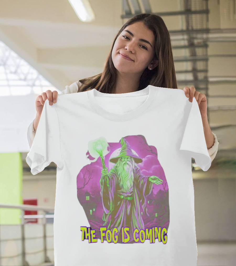 The Fog Is Coming Wizard with Green Staff and Purple Background T-Shirt