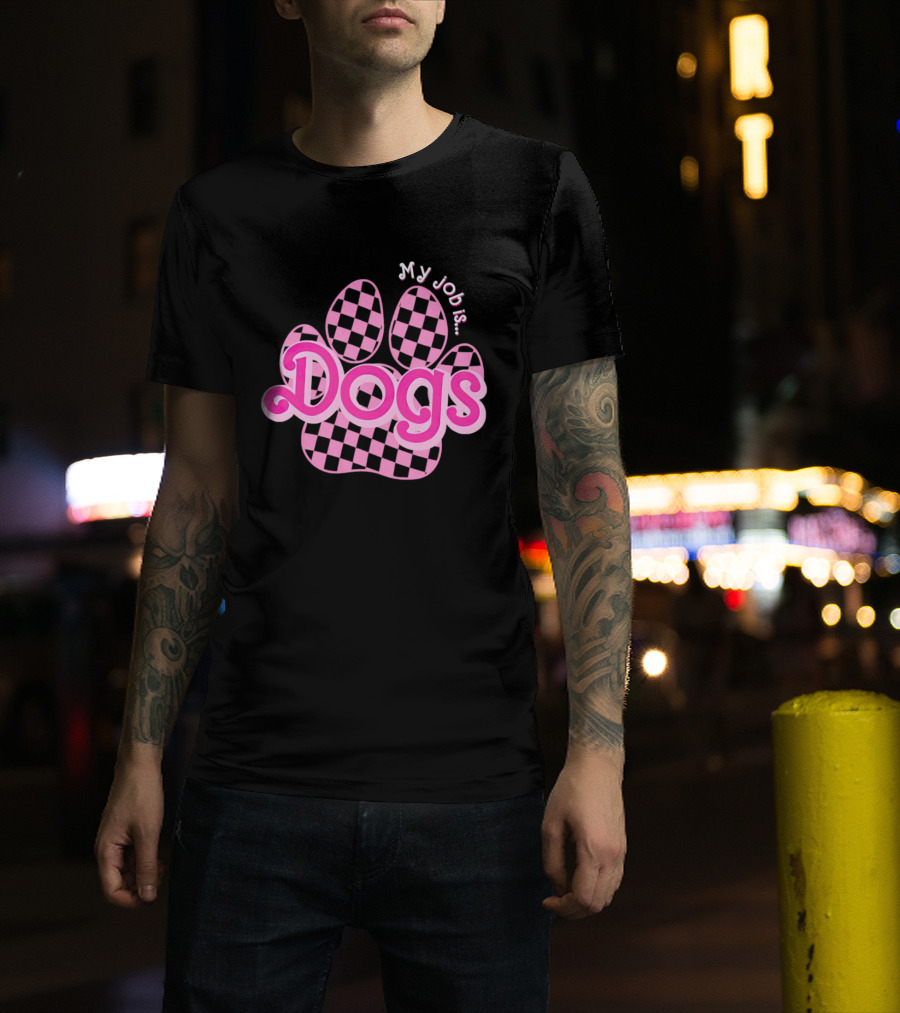 Barbie My Job Is Dogs Pink Checkered Paw Prints T-Shirt