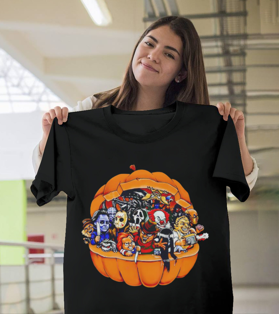Horror Movie Characters Inside Pumpkin Halloween Icons T-Shirt