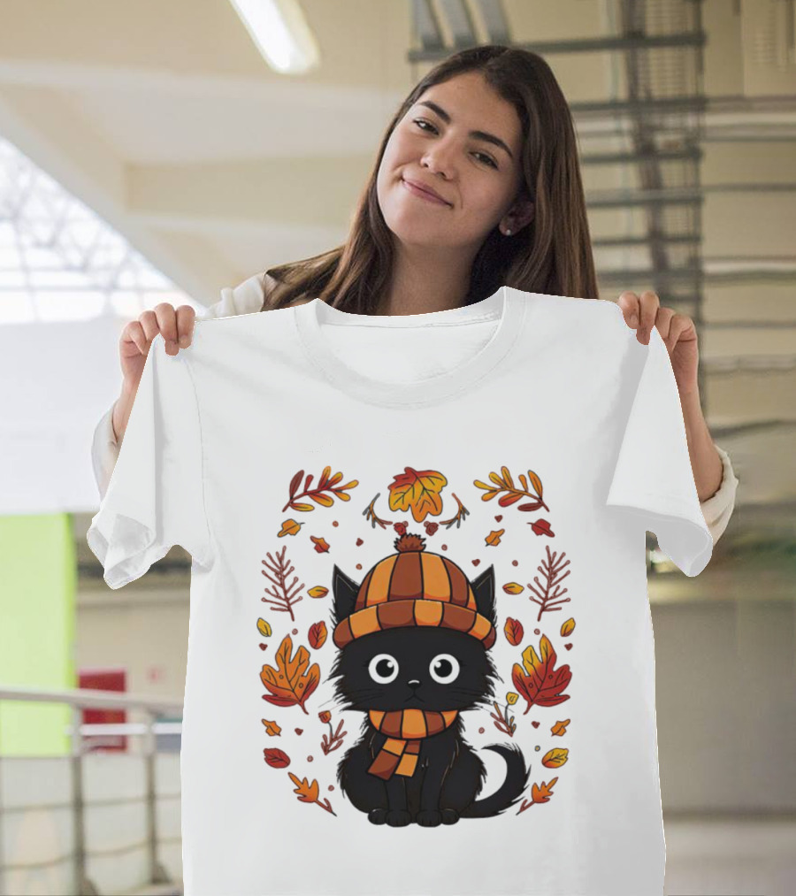 Black Cat Autumn Leaves Cozy Fall T-Shirt