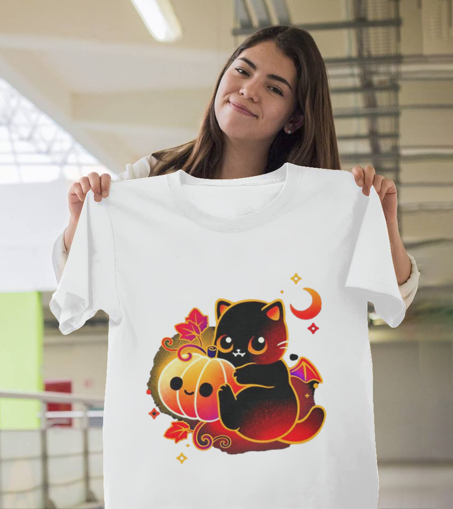 Cat Demon Halloween Moon Pumpkin Leaves Bat Wings T-Shirt