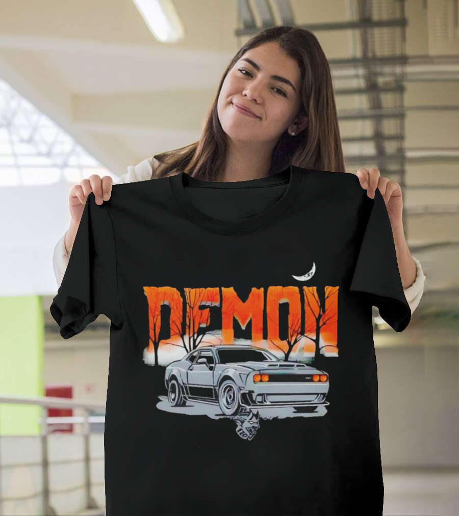 Demon Dodge Challenger SRT Halloween Moon Scene T-Shirt