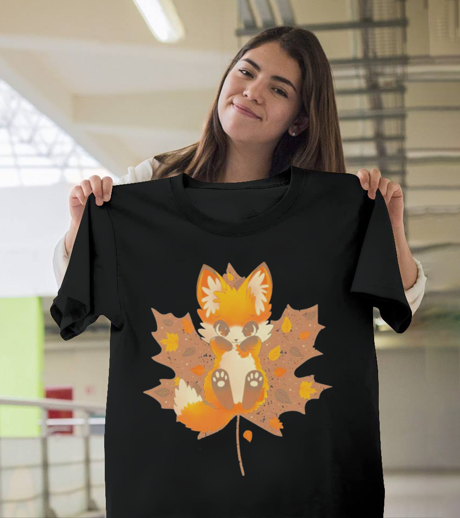 Kitsune Autumn Fox With Maple Leaf And Fall Colors T-Shirt