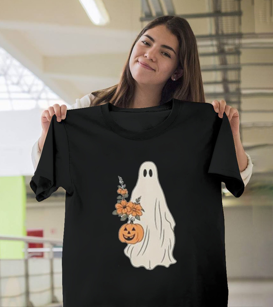 Vintage Halloween Ghost with Floral Bouquet and Pumpkin T-Shirt