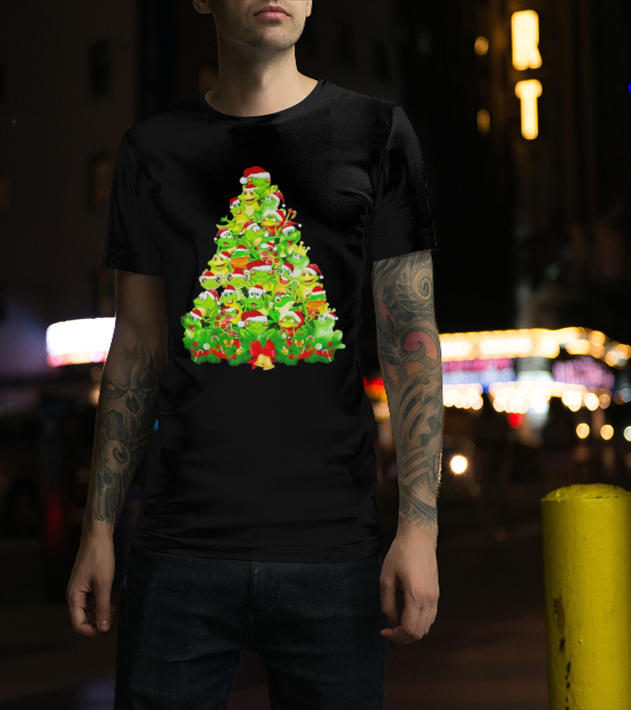 Frogs With Santa Hats Christmas Tree Holiday T-Shirt