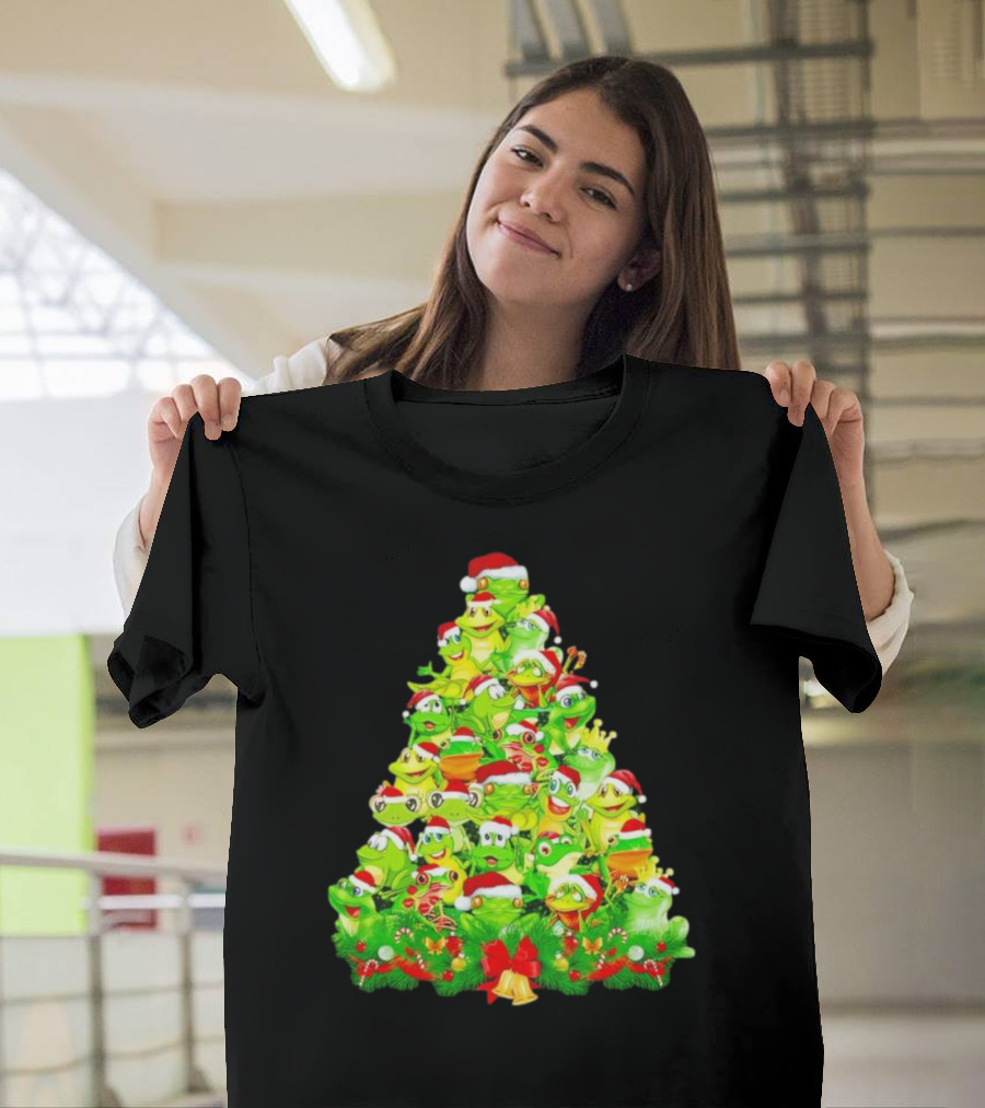 Frogs with Santa Hats Christmas Tree Holiday T-Shirt