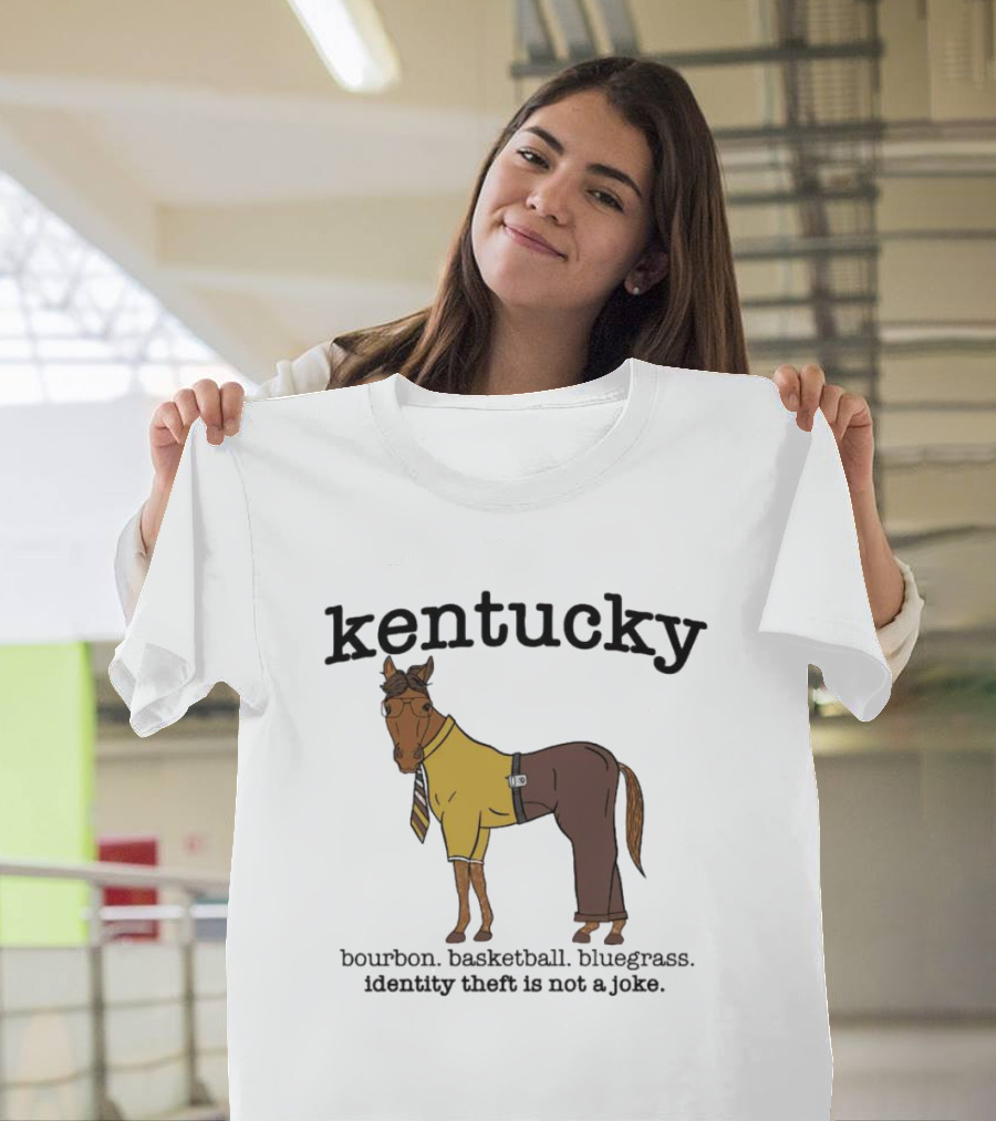 Kentucky Horse in Suit with Bourbon Basketball Bluegrass Identity Theft Not a Joke T-Shirt