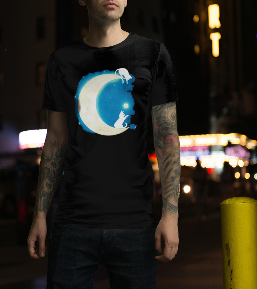 Moon Cat Playful Journey Celestial Light T-Shirt
