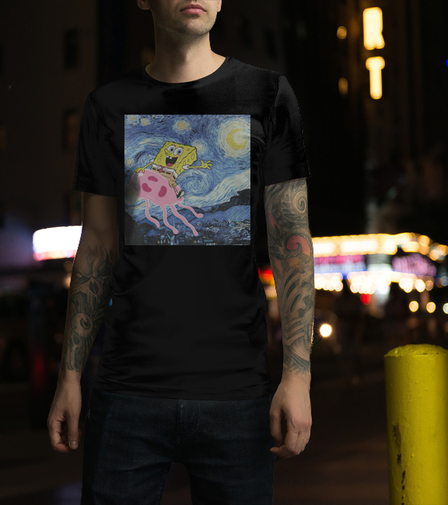 SpongeBob SquarePants Jellyfishing Van Gogh Starry Night Crossover T-Shirt