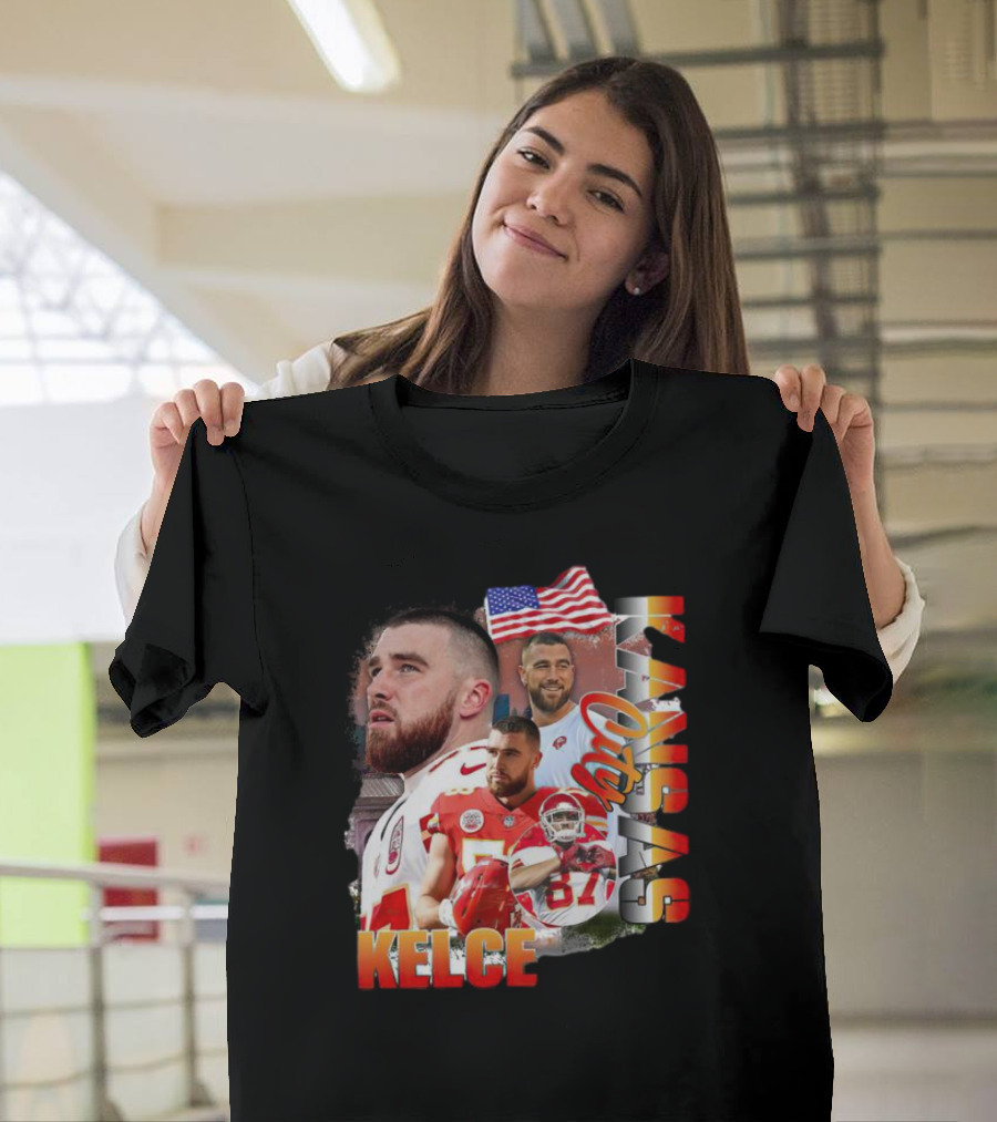 Kelce Kansas City Chiefs Collage With American Flag T-Shirt