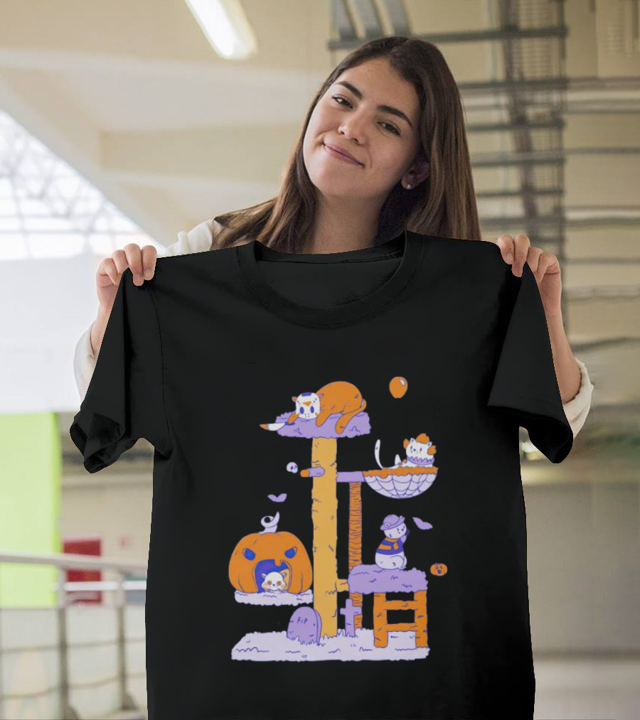 Cats In Halloween Horror Cosplay Playground With Pumpkins And Ghosts T-Shirt